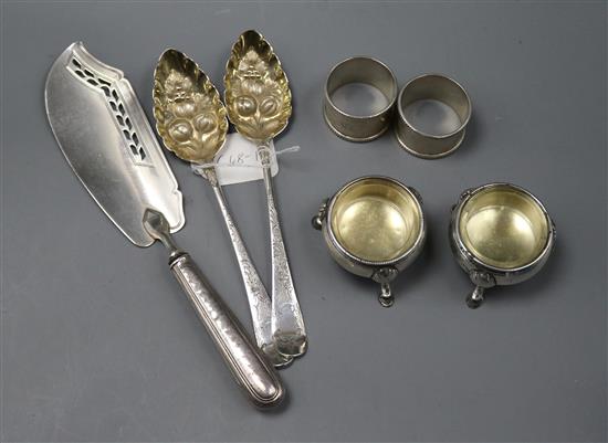 A pair of George III silver Old English pattern berry spoons, a pair of Georgian silver salts, a George III silver fish slice etc.